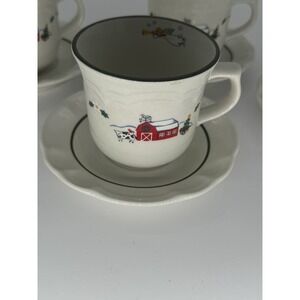 Pfaltzgraff Snow Village Lot of 4 Saucers and Cups, Used Excellent Condition